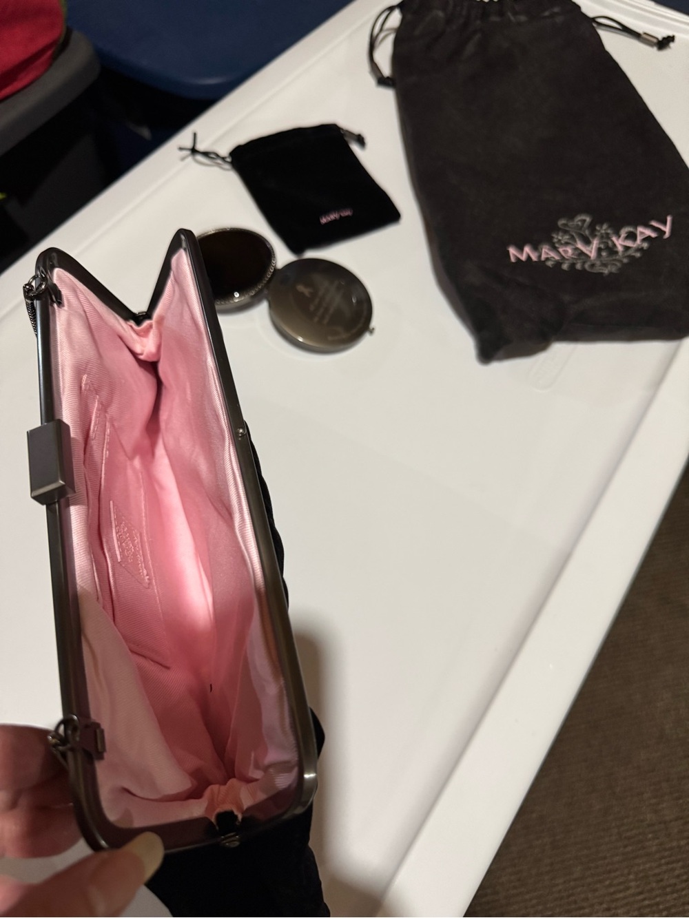 Mary Kay Black Wristlet Clutch with Pink Lining, with mirror compact w/case.